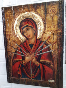 Virgin Mary Theotokos of the 7 Swords icon-Large Orthodox Greek Byzantine Handmade - Vanas Collection
