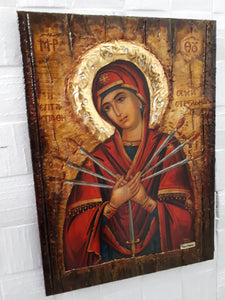 Virgin Mary Theotokos of the 7 Swords icon-Large Orthodox Greek Byzantine Handmade - Vanas Collection