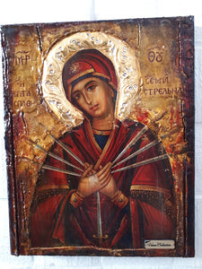 Virgin Mary Theotokos of the 7 Swords icon - Orthodox Greek Byzantine Handmade - Vanas Collection