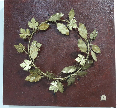 Wreath Handmade Metal Brass With Olive Leaves 40 X 40 X 4 Unique on Panel