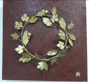 Wreath Handmade Metal Brass With Olive Leaves 40 X 40 X 4 Unique on Panel